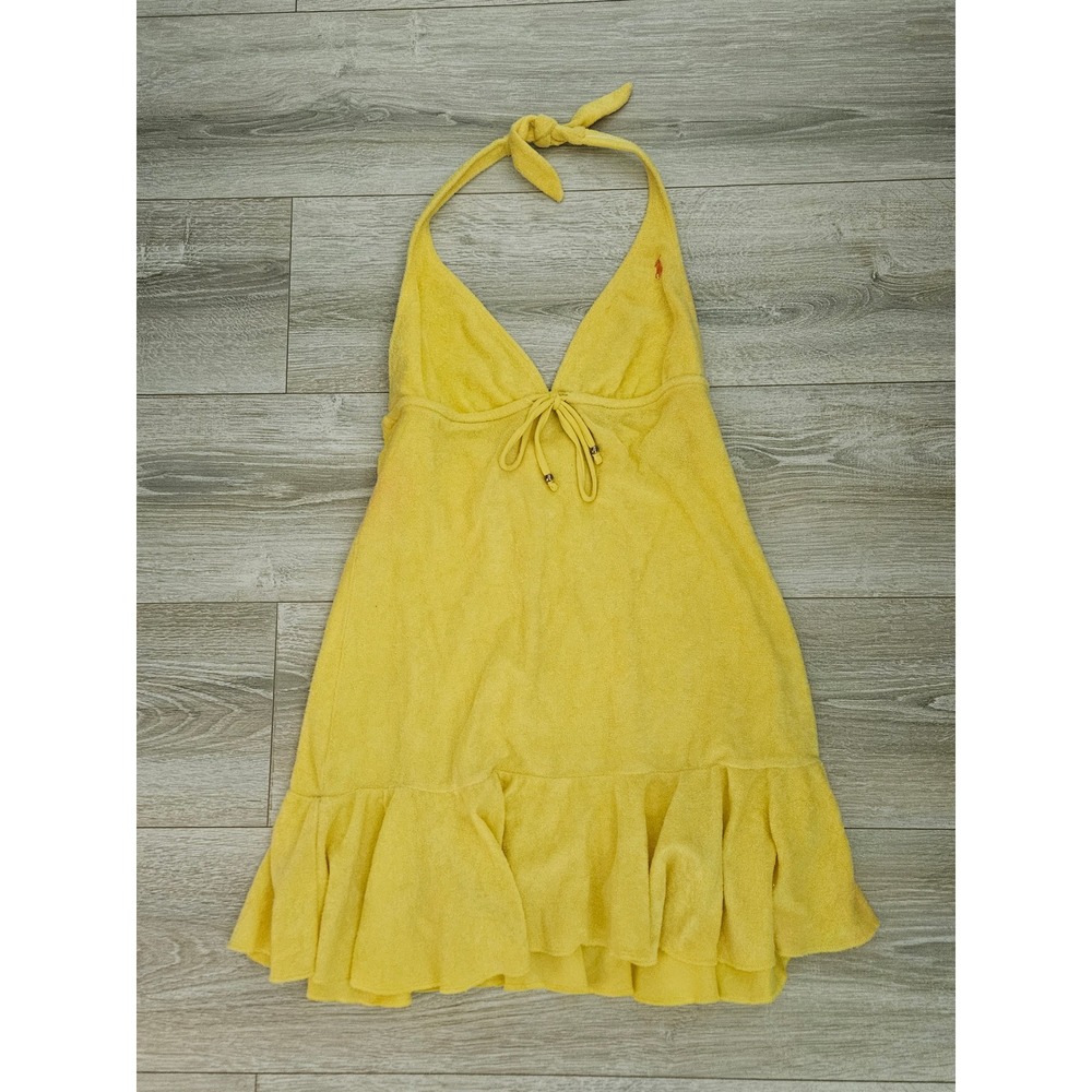 Ralph Lauren Yellow Terry Cloth Halter Swim Cover Up Dress Ruffle Hem Small - Picture 2 of 9